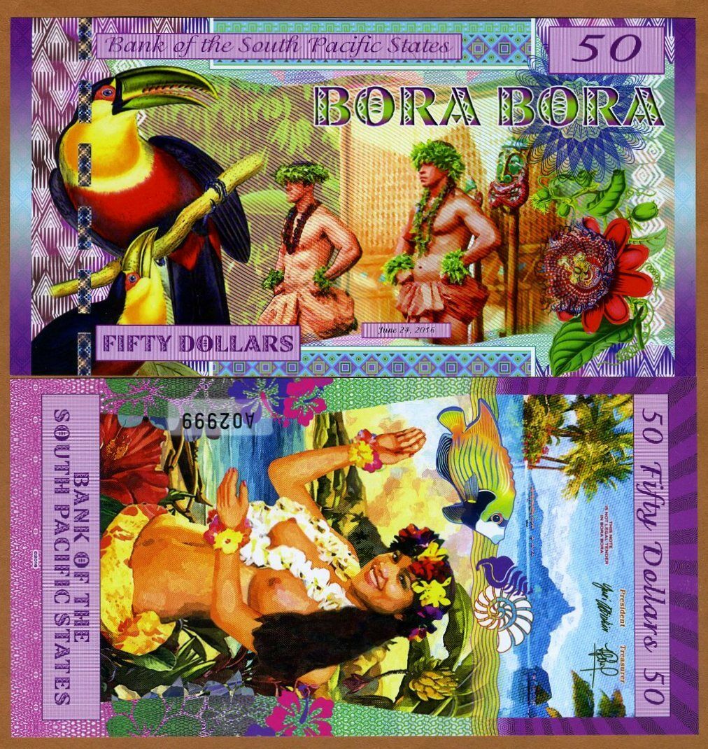 South Pacific States, $50 Bora Bora 2016, Polymer, Unc > Toucan, Polynesian Nude