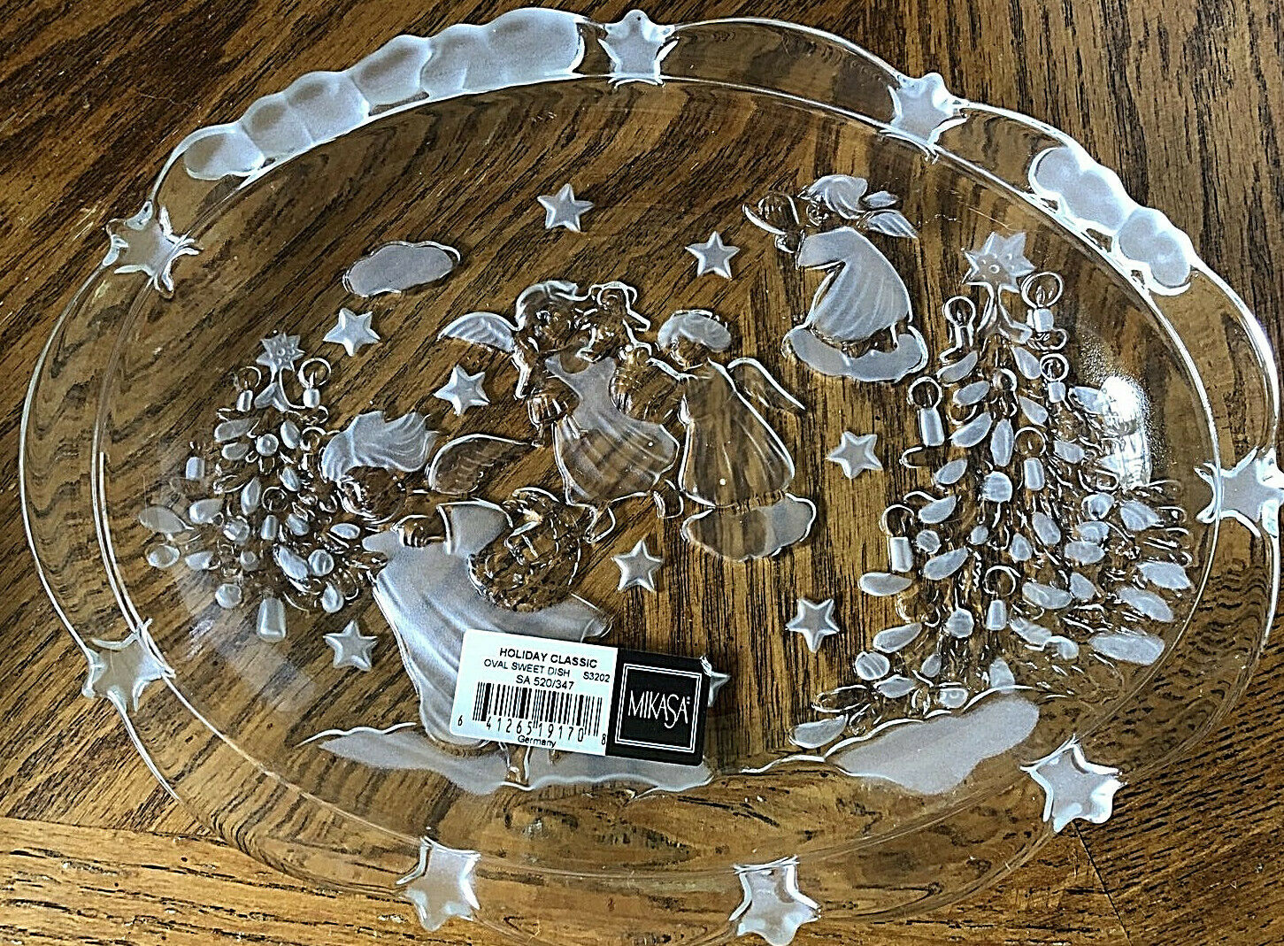 Mikasa Holiday Dish 9" Crystal Frosted Glass Angels Trees Stars Christmas Plate