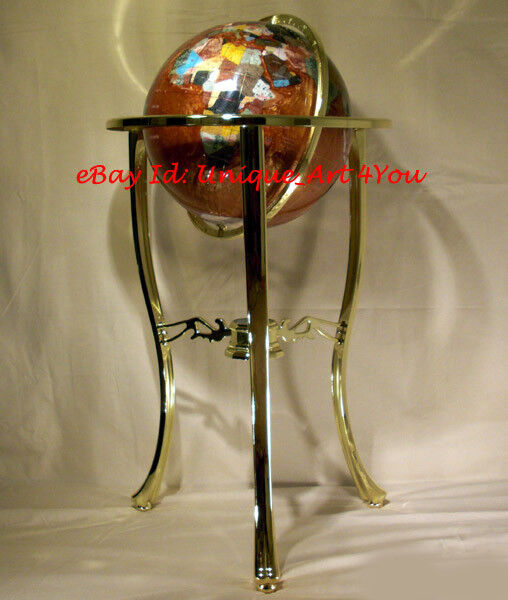 36" Tall Amber Pearl Gemstone World Globe With Tripod Gold Floor Stand