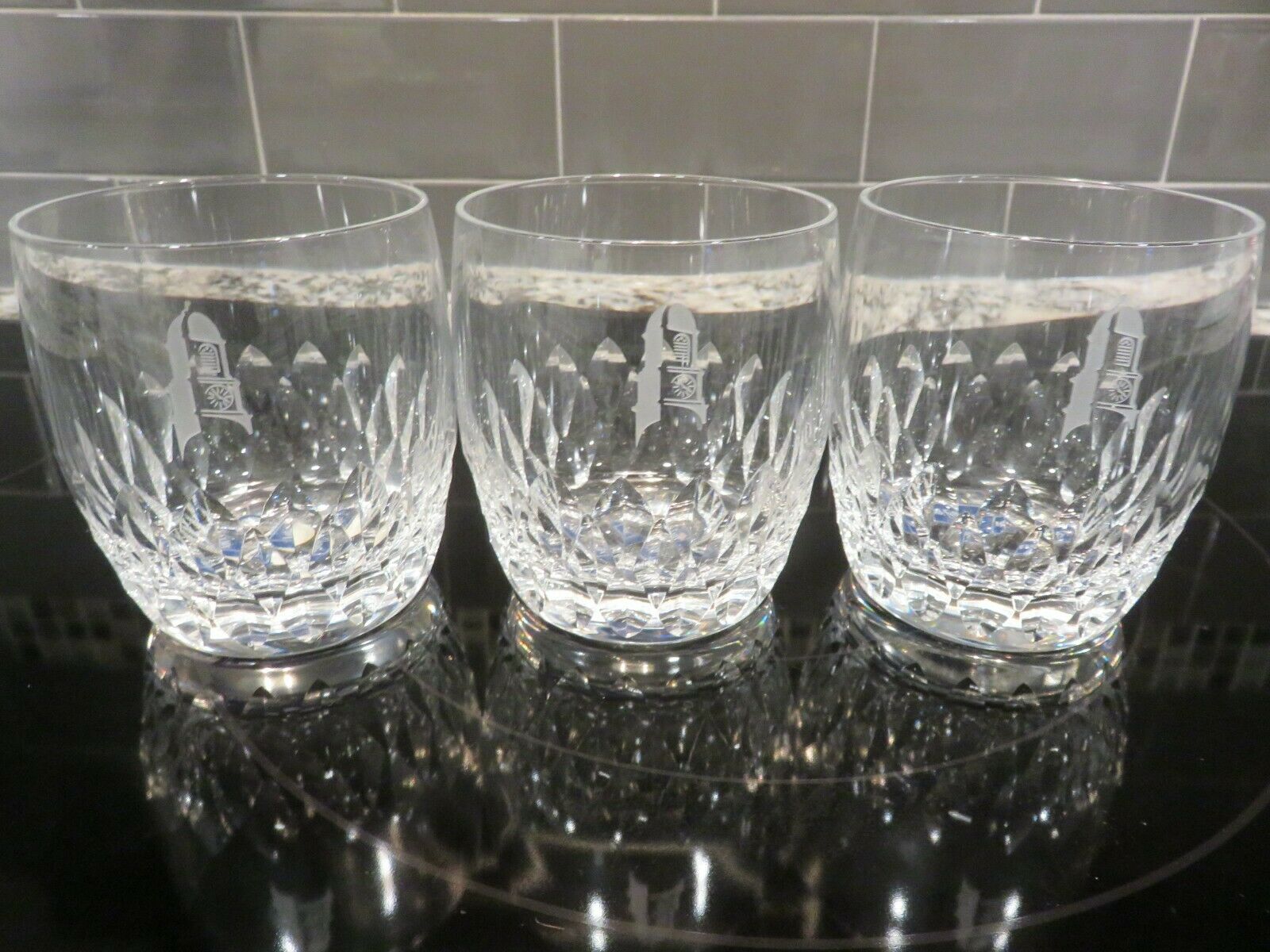 3 Mikasa Capella  3 5/8" Double Old Fashioned Glasses Clock Tower Etch Engraved