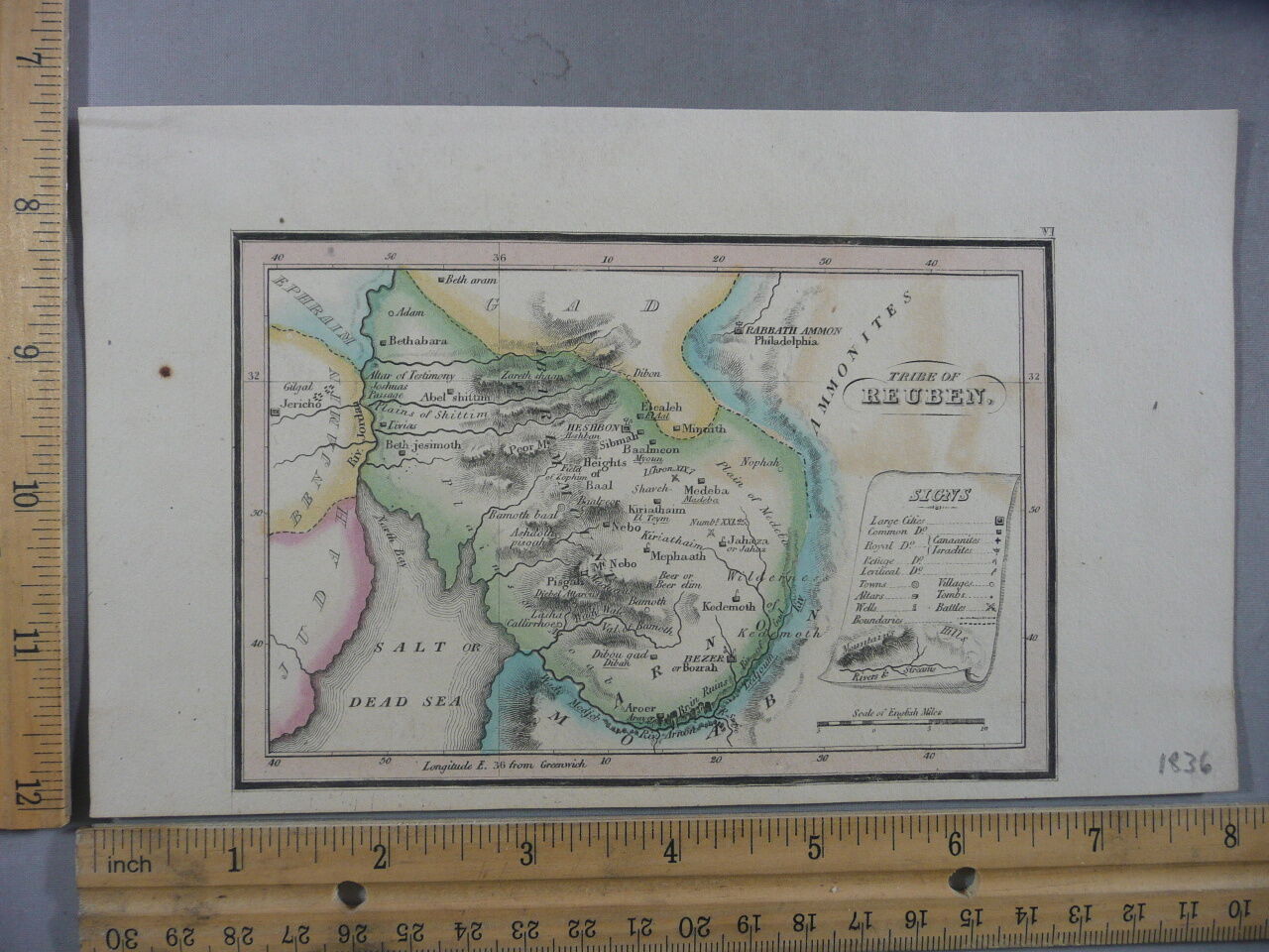 Rare Antique Orig Vtg Leavitt Lord & Co. Gad Tribe Of Reuben Map Engraving Print